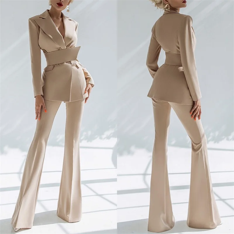 

Fashion 2 Pcs Women Suit Blazer With Belt+Flare Pants Sexy V Neck Coat Formal Business Office Lady Wear Prom Dress Custom Made