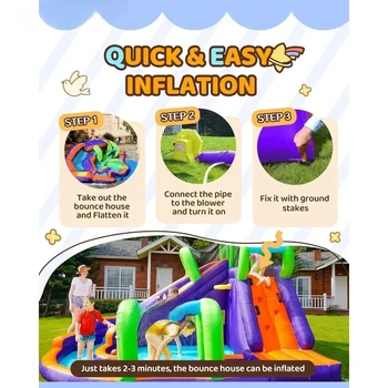 Water Slide Inflatable Bounce House for Kids with Blower Family Backyard Bouncy Castle Fun Doorway Tunnel Climbing Wall 6