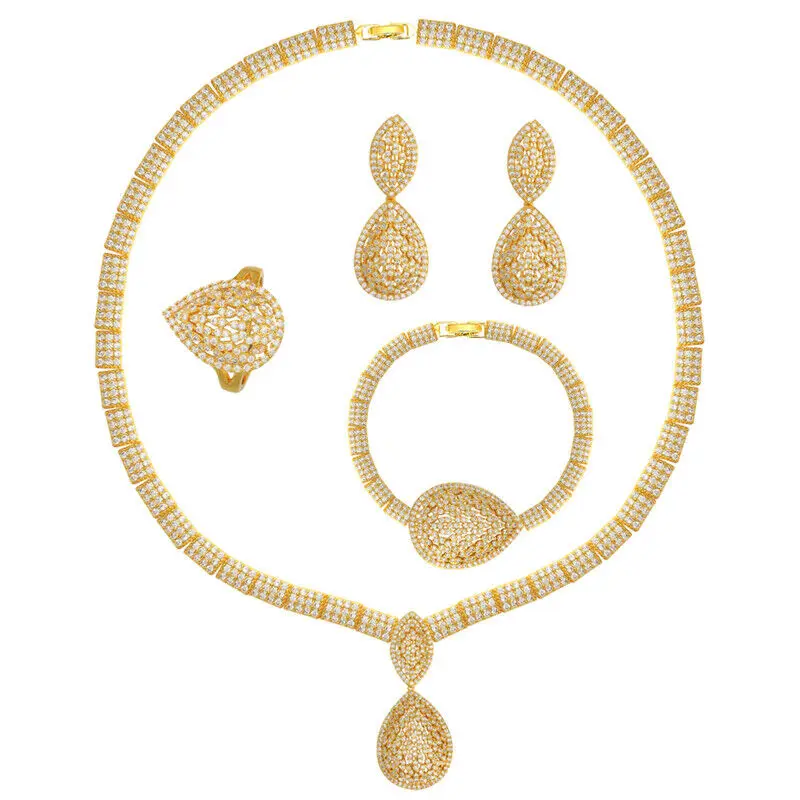 

Luxury Gold Plated Hollow Out Water Drop Cubic Zircon Wedding Brides Jewelry Set