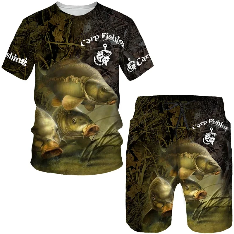 Men's Outdoor Fishing Print Shorts 2Pcs Sets Vintage 3D Print Two Piece Suit O-neck T shirt Fashion Male Sweatshirt  Clothes 4