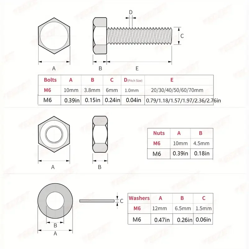 144pcs M6 Hex Head Screw & Bolt Set with Nuts, Flat Washers & Locking Washers-Grade 8.8 Alloy Steel