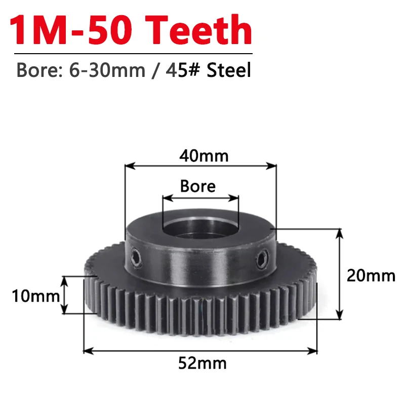 1pc Spur Gear 1 Module 50 Teeth 45# Steel Motor Gears with Step 1M 50T Straight Gear Bore 6/8/10/12/14/15/16/17/18/19/20-30mm