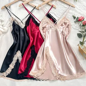 Satin Halter Nightgown Women Lace Splicing Sexy Home Lingerie Backless Design Adjustable Spaghetti Straps Nightdress Short Dress