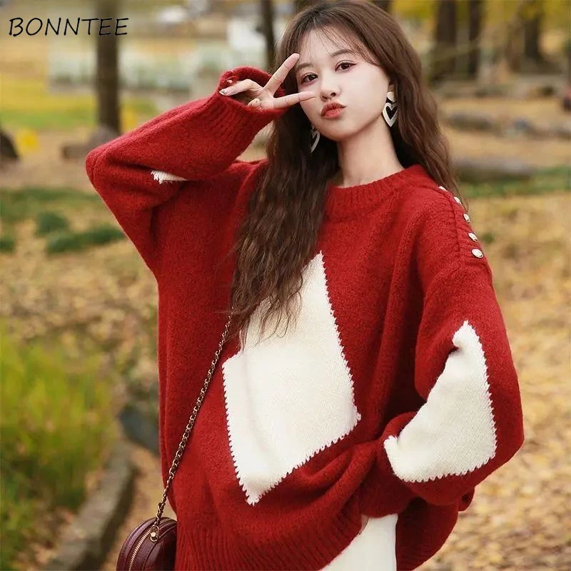 

O-neck Pullovers Women Argyle Loose Thicker Knittwear Long Sleeve Youth Girls Buttons Panelled Korean-style Elegant Leisure