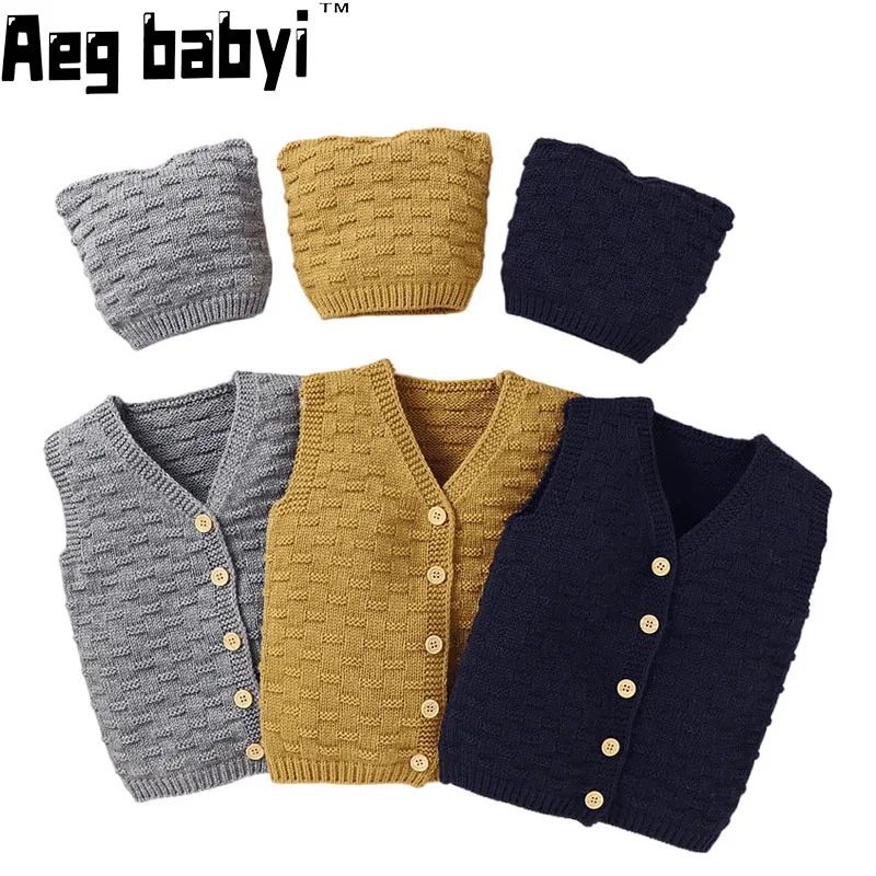 

Baby Boy Girl Clothes Infant Sweater Vest Sleeveless Knit Jacket Cardigan Vest +Hat 2pcs Kid Toddler Knitwear Autumn Clothing