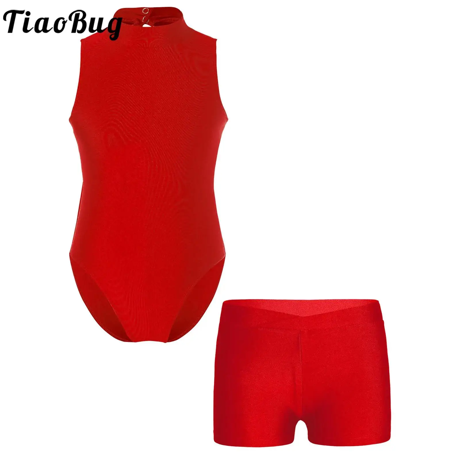 

Kids Girls Solid Color Sports Set Sleeveless Mock Neck Cutout Back Leotard with Shorts for Gymnastics Workout Exercise Training