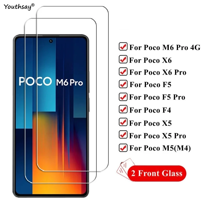 

2Pcs For Poco M6 Pro Tempered Glass For Poco M6 Pro X6 Pro F5 F4 X5 M5 M4 Screen Protector Protective Phone Film For Poco M6 Pro