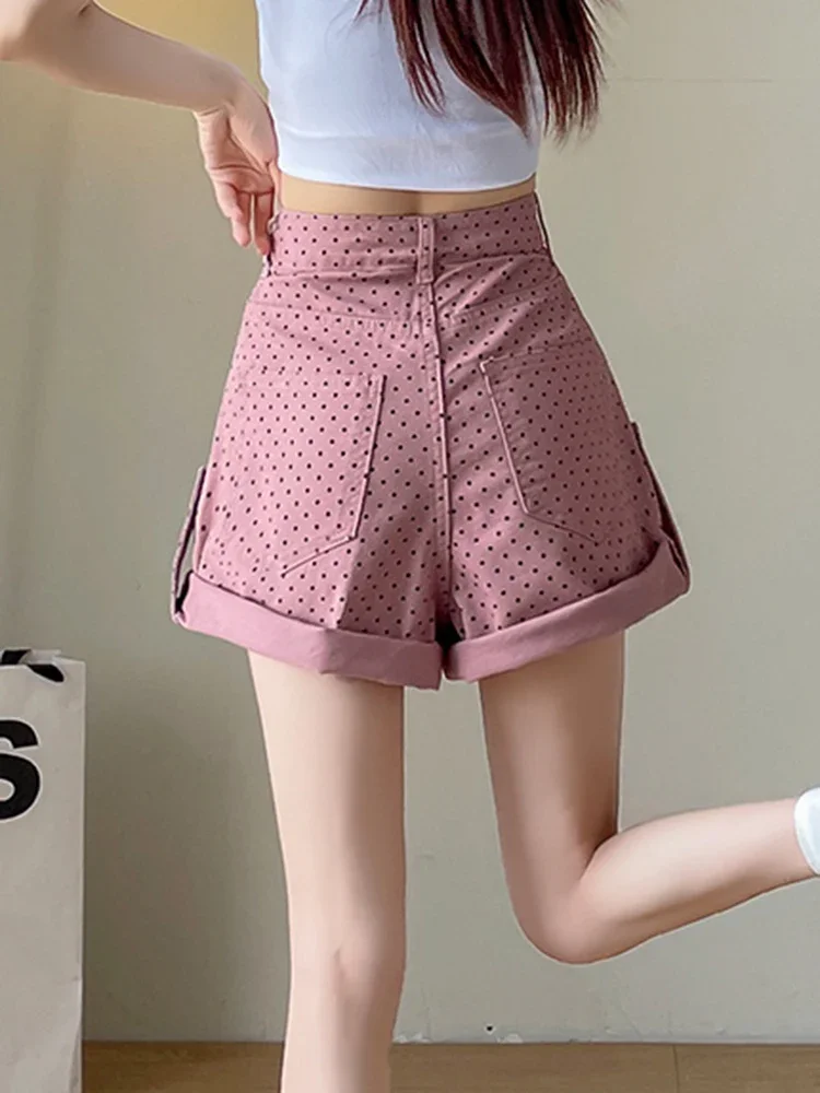 Contrast Color Fashion Wave Point Simple A-line Female Shorts Summer New Basic High Waist Street Casual Loose Women Jean Shorts