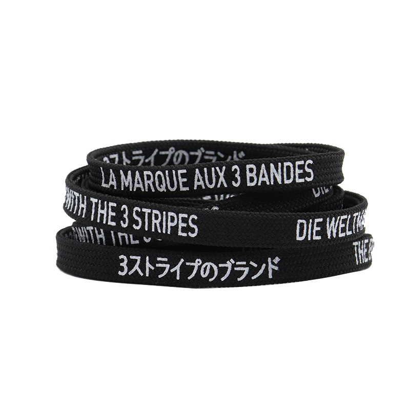 Weiou Outside Sport Shoelaces 0.7cm Flat Printed Alphabetic Black And White Polyester Shoestring Support Custom Logo Color 200cm