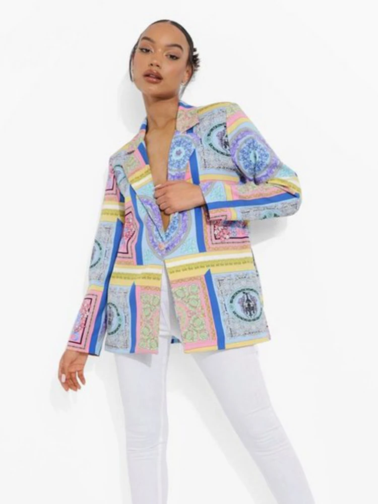 

Spring New Women Printed Suit Fashion Casual Loose Geometry Printed Pattern Versatile Women's Single Breasted Long Sleeved Suit