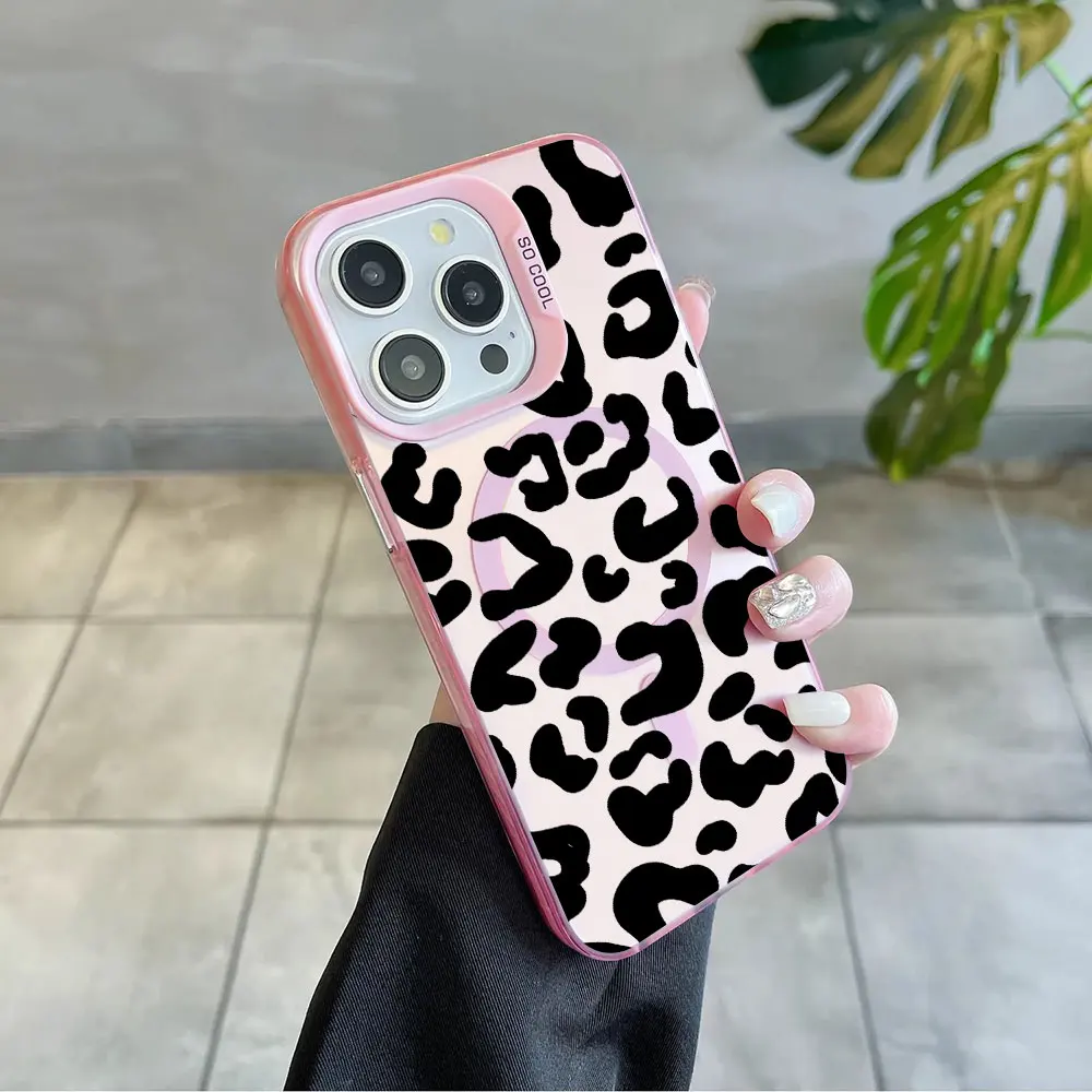 INS Brown Leopard Print Y2K Magsafe Magnetic Soft Silver Plated Phone Case Cover