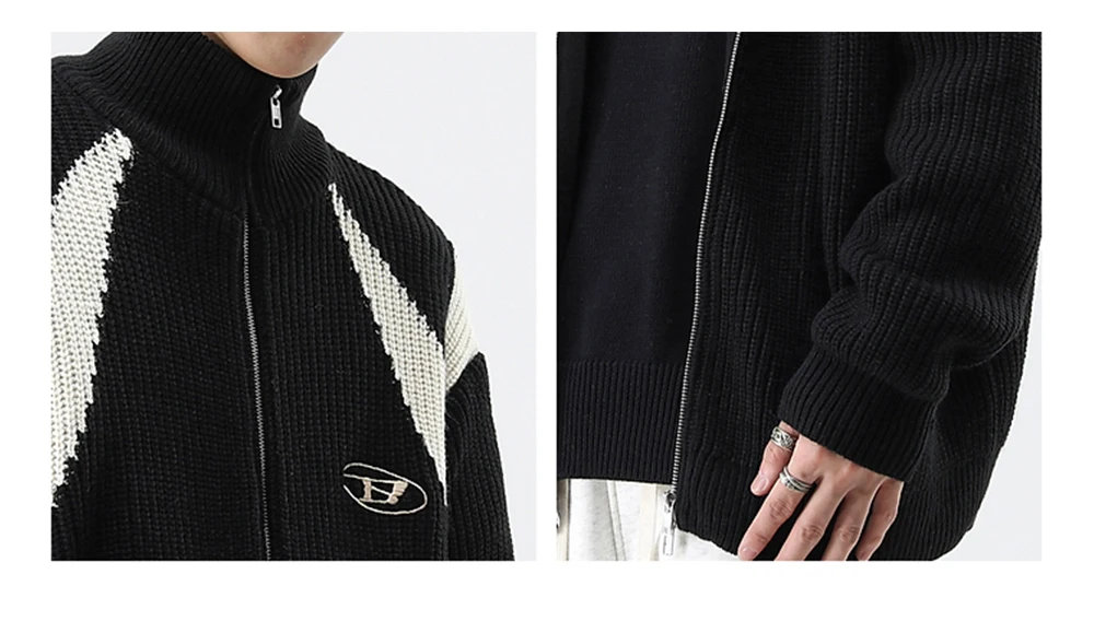 Kontrast Getäfelten Pullover Herren Streetwear Strickjacke Gestrickte Pullover Herbst Winter Lose Beiläufige Lange Sleeve Zipper Oberbekleidung Männer – Detail 10