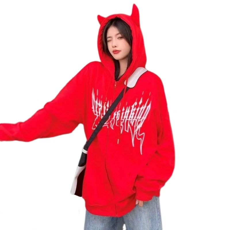 thumbnail image 1 of Sudadera con capucha de alas de diablo para mujer, sudadera con capucha gótica con cuernos de diablo pequeño para niña, suéter informal de manga larga, envío directo, 1 of 5