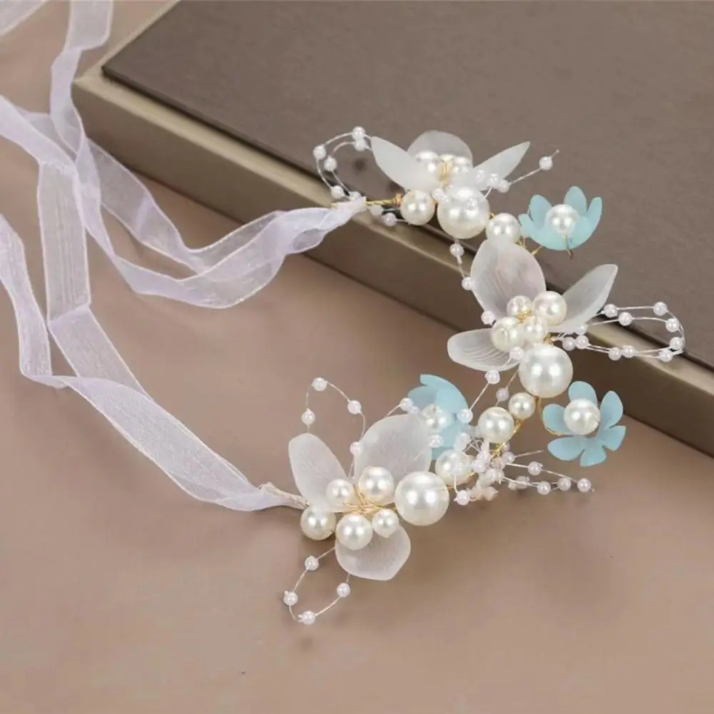 Lace Up Adjustable Headband Adjustable Faux Pearl Flower Hairband for Girls Princess Style Wedding Headband with Anti-slip