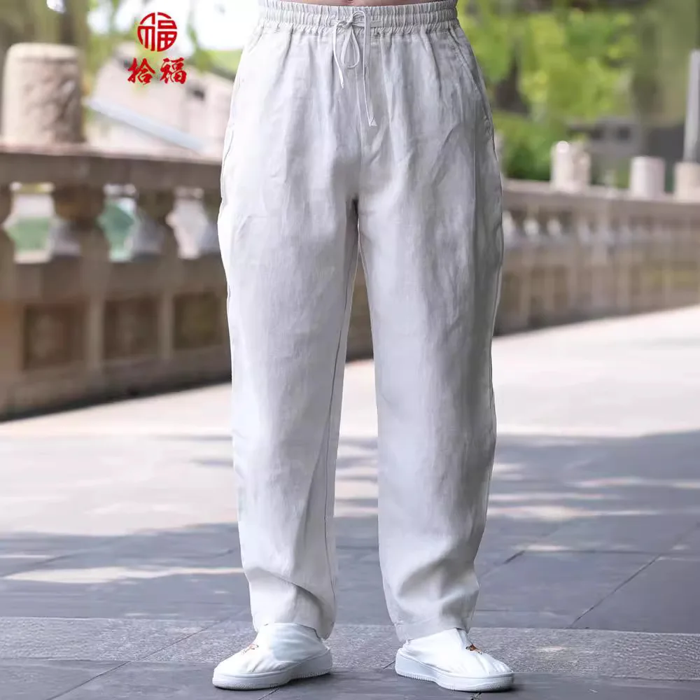 Mens Cotton Linen Summer Pants High Elastic Waist Wide Leg Trousers