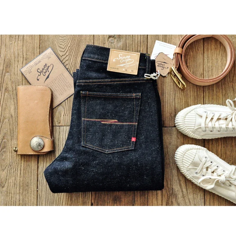 SAUCE ORIGIN EXL916-AG Mens Jeans cotton linen Selvedge Sanforized Raw Denim Jeans for Men Straight Fit Silver Button 19 oz 5