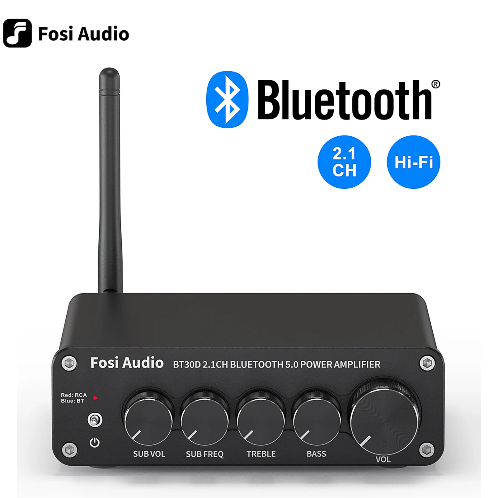 HiFi Bluetooth 5.0 Clase D Amplificador Integrado Receptor 2.1 Canal Mini Audio Amp 50 W x2+100 W para Altavoces Pasivos/Subwoofer/Subwoofer Alimentado 