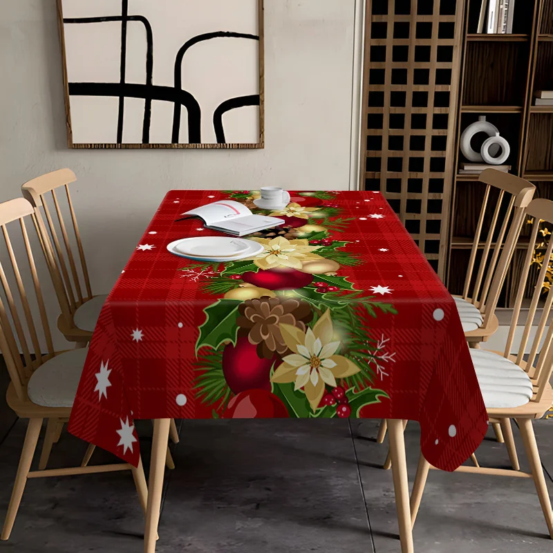 Description Picture 6 of itemChristmas Poinsettia Pine Needle Bell Rectangle Tablecloth Party Decor Reusable Waterproof Tablecloth Christmas Decorations