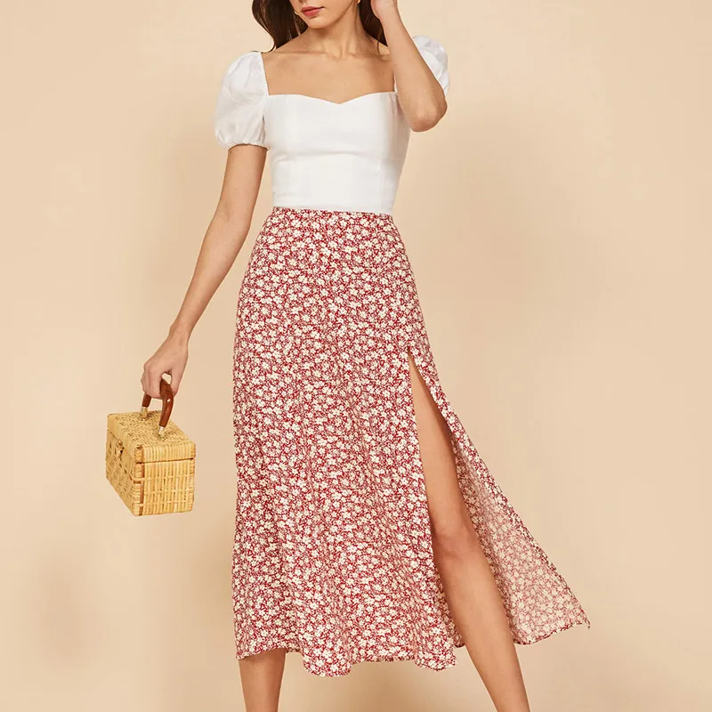 

Women Floral Skirt Summer High Waist Split Thigh Casual Dot Midi Skirts Beach Boho Elegant Vacation A Line Beachwear Jupe Faldas