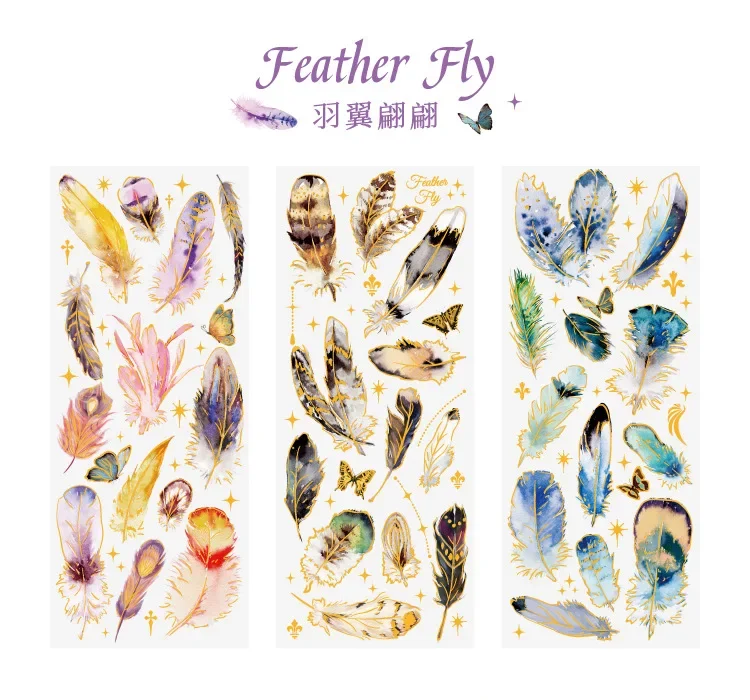 3pcs Kawaii Sticker Pack Feather Dragonfly Bird Jellyfish Decorative Scrapbooking Material Labels for Diary Phone Journal Planne