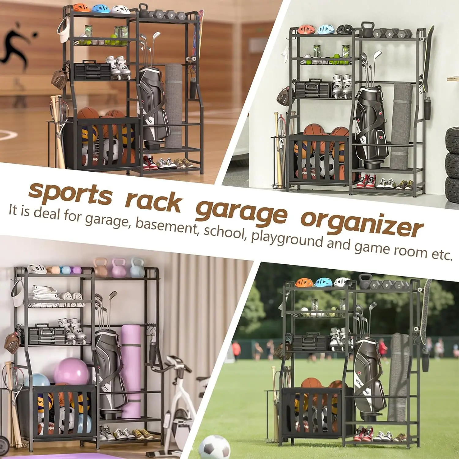 Garage Sports Equipment Organizer, Golf Bag Storage Rack, Heavy Duty Ball Holder with Basket & Hooks, Indoor/Outdoor Basketball