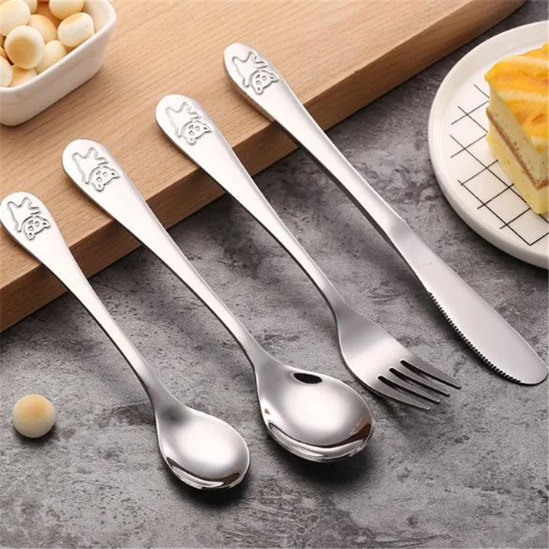 

Baby Portable Dishes Stainless Steel Teaspoon Spoon Fork Knife Utensils Baby Kids Learning Eating Children Tableware