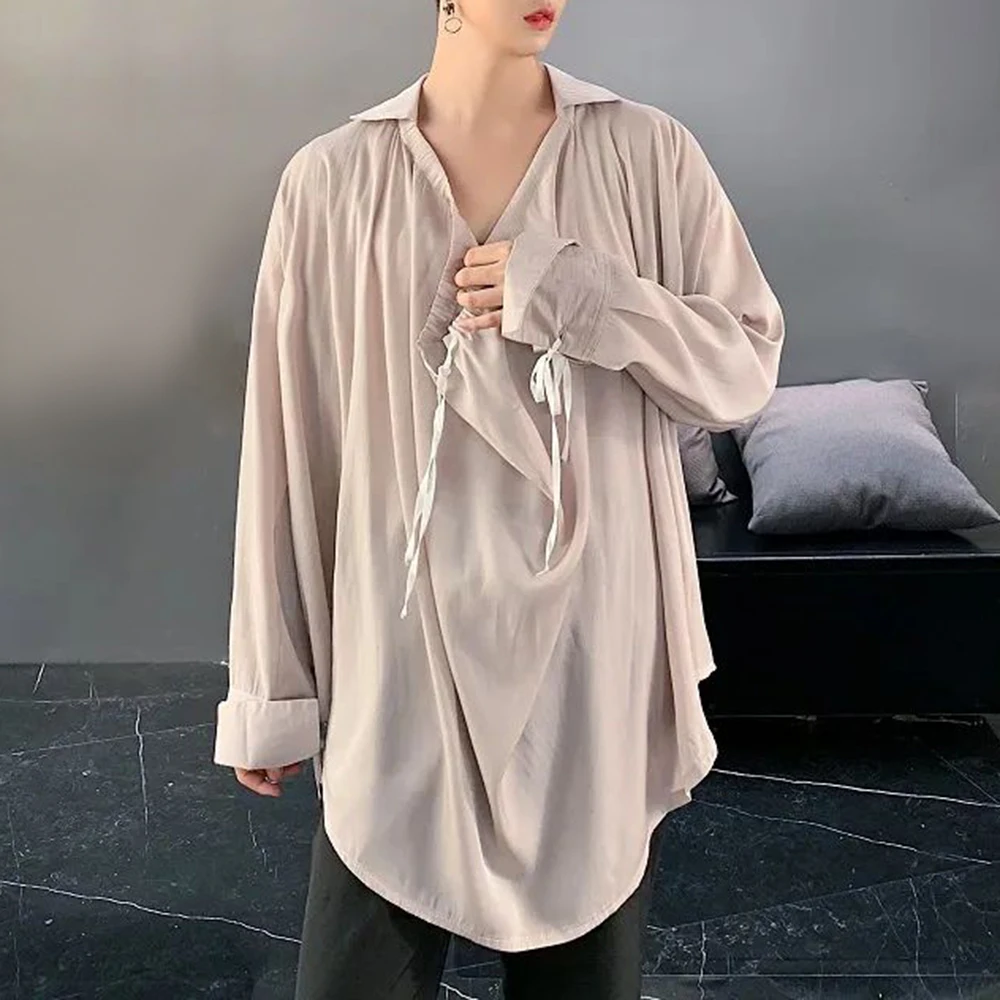 

2024 New Genderless Sexy Nightclub Long-Sleeved Pullover Shirt Unique Retro Solid Color Pleated Casual Loose Shirt For Men