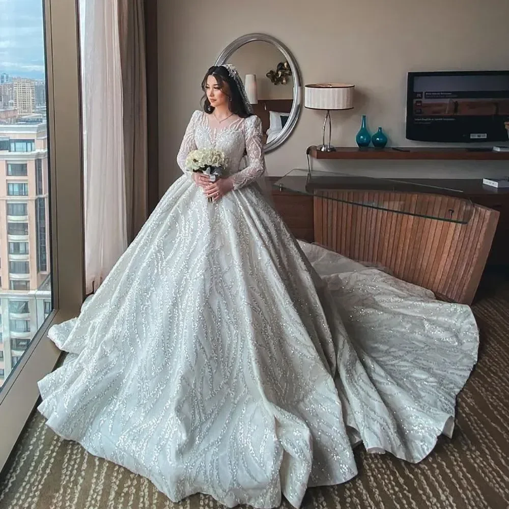 

Princess Ball Gown Wedding Dress Sparkly Sequined V Neck Long Sleeve Bride Dresses Vestido Casamento Lace Beading Bridal Gowns