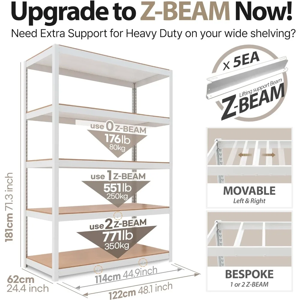 House Z-Beam White Heavy Duty Garage Storage Shelving Adjustable 5-Tier Metal Shelves Laminated Shelf Industrial Utility 2