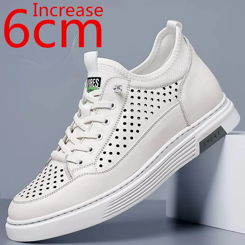 

Summer Sandal Breathable Casual Leather Shoes Men Increased 6cm Cow Leather Daily White Shoes Elevated Shoes Sports Sandals Men