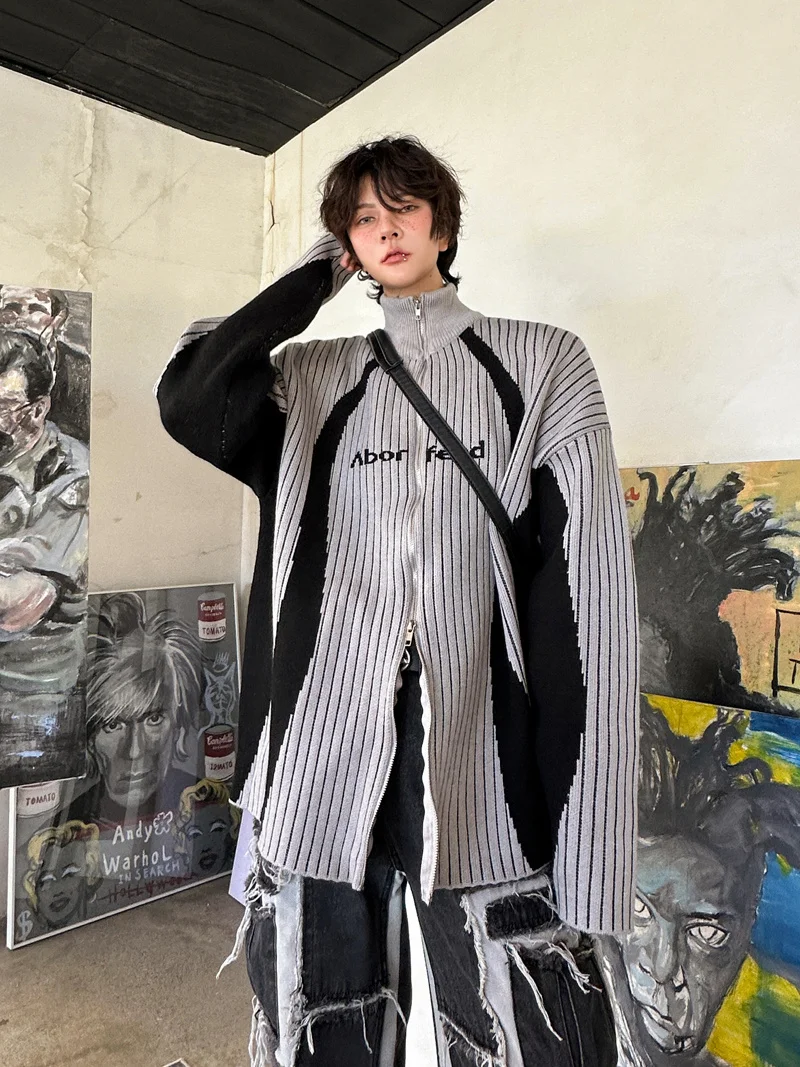Winter Fashion Retro Alphabet Color Stitching Stand-Collar Sweaters Trendy Men's High Street Thick Cardigan Fashion Knitwears