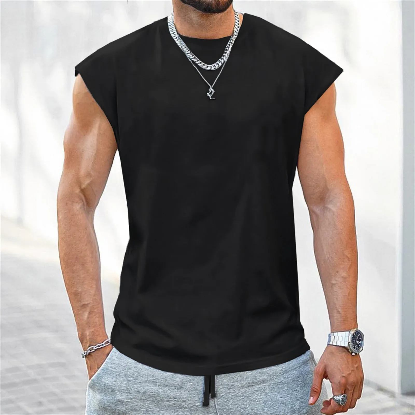 

Male Muscle Fitness Training Sports Tank Tops Round Neck Sleeveless Leisure Fashion Vest Solid Color Men's Tank Blouses