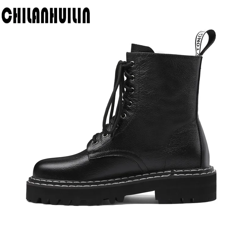 

genuine leather elegant cozy ladies ankle boots fashion lace-up autumn winter platform women's martin boots outdoor shoes woman