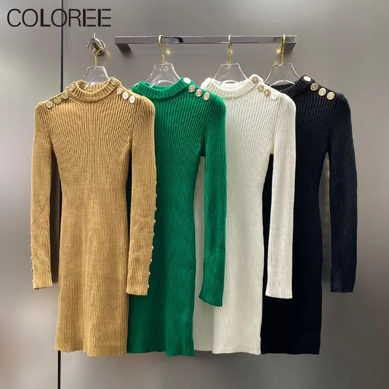 

Vintage O-neck Gold Buttons Knitted Sweater Dresses for Women 2023 Luxury Designers Autumn Winter Clothes Slim Wool Vestidos