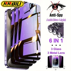 6 - in - 1 Privacy Tempered Glass and Purple Metal Lens Set (3 - Pack) - 6in1 (For iPhone 12 Mini)