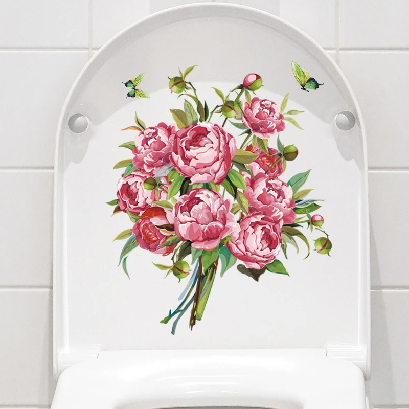 Watercolor Floral Rose Peony Green Leaves Wall Sticker Bathroom Toilet Sticker Self Adhesive Mural Flower Home Decoration Decals