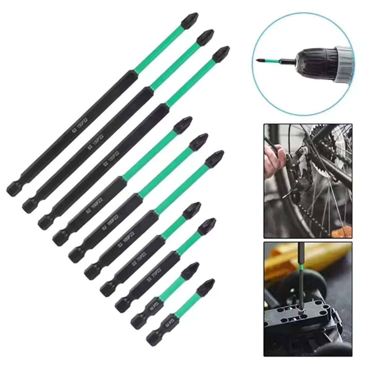 10개 PZ2 마그네틱 드라이버 비트 헤비 듀티 육각 드라이버 비트 세트JAS