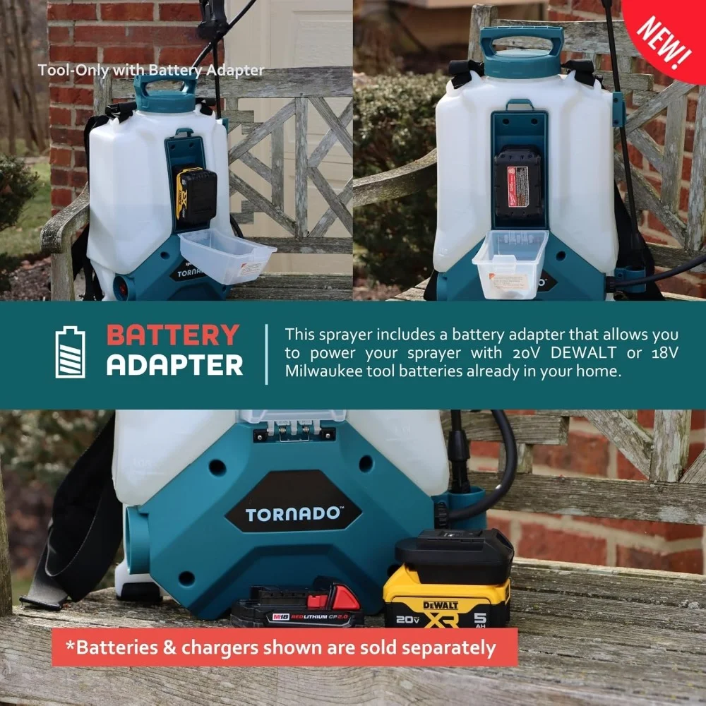 Battery Powered Backpack Sprayer for Lawns & Gardens 4-Gallon (Battery Adapter Kit works with DEWALT/Milwaukee Tool Batteries)
