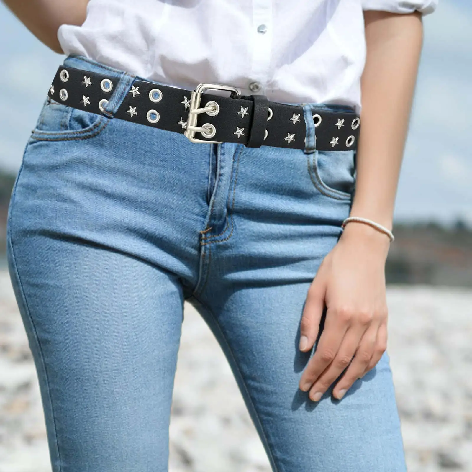 

Double Grommet Belt for , Adjustable Jeans Buckle Belt for Unisex