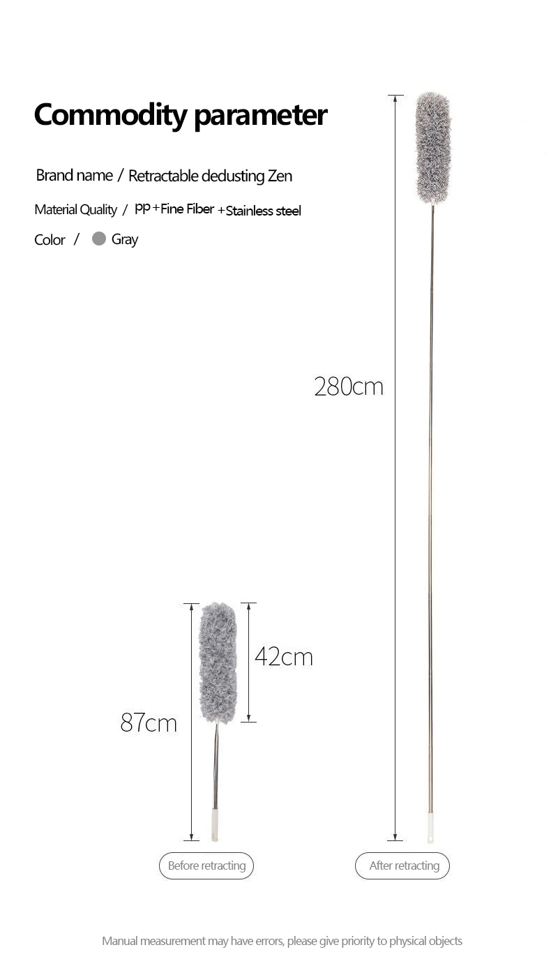 2.8m Long Handle Telescopic Pole Washable Extendable Duster Static Stainless Steel Bendable Brush Lengthen Roof Cleaning Tool