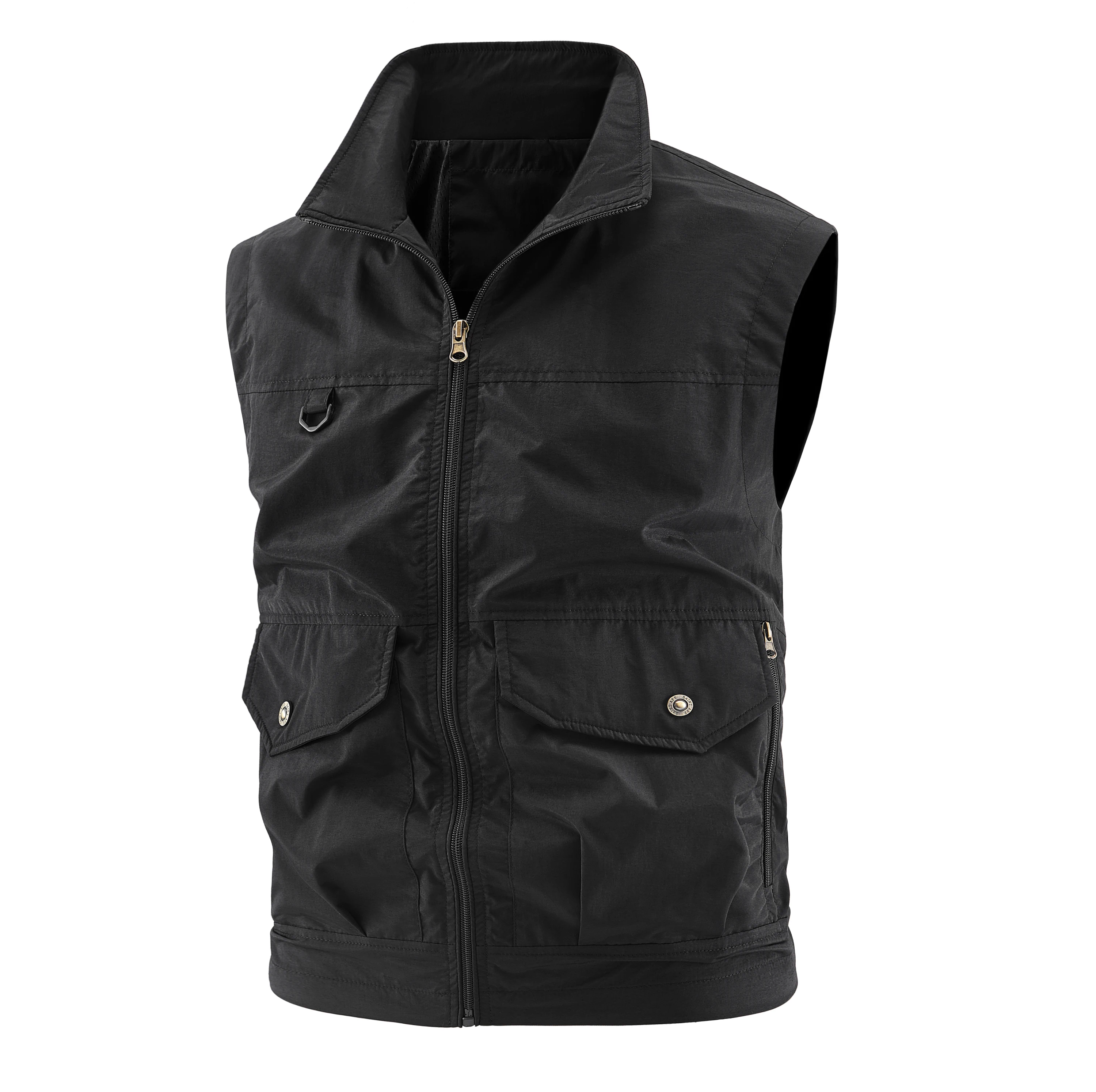 Men's leisure vest solid color tooling style waistcoat thin fishing hiking multi-pocket casual loose vest for men