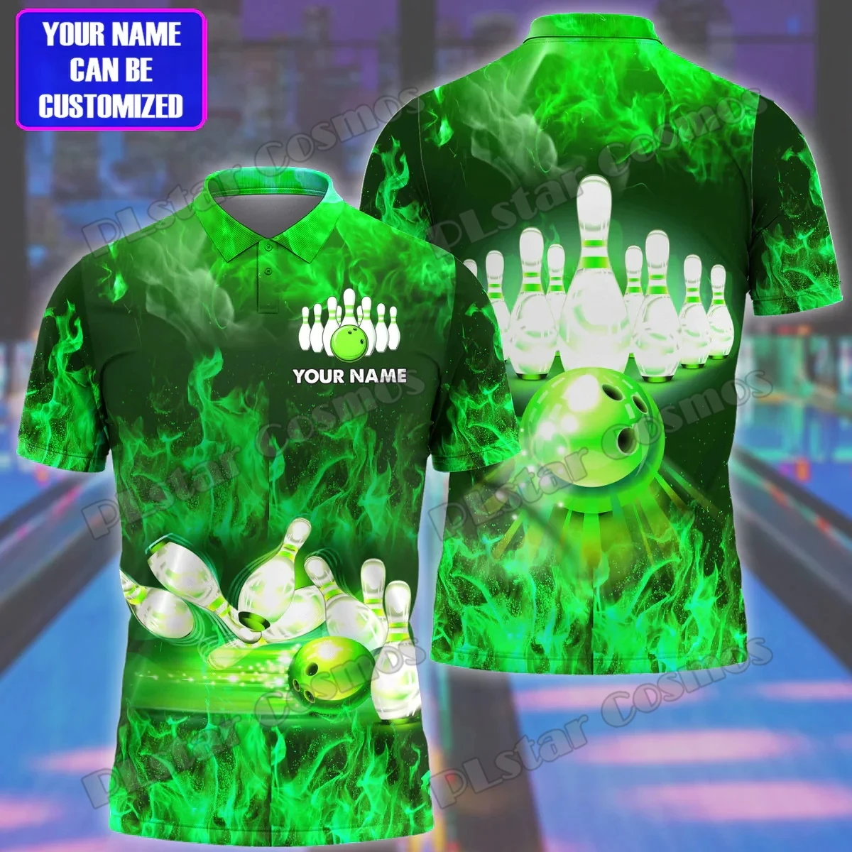Rotes Bowlingfeuer, personalisierter Name, 3D-gedrucktes Herren-Poloshirt, Sommerstraße, kurzärmeliges Hemd, Geschenk für Bowlingspieler WK32 – Detail 20
