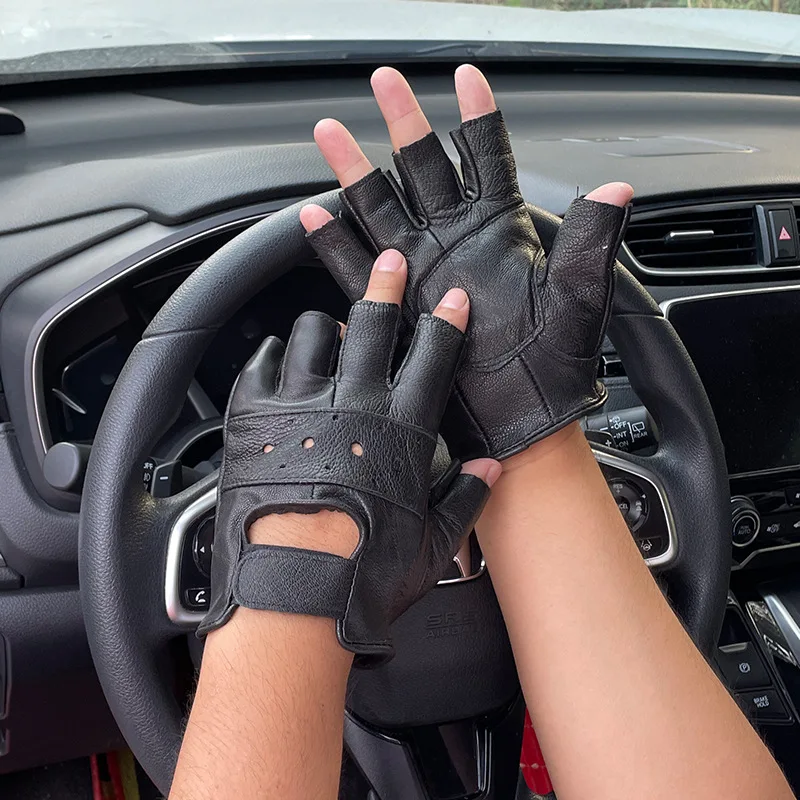 Men Outdoor Soft Leather Mittens Driving Motorcycle Biker Fingerless Gloves Artificial Leather Half-Finger Gloves 1Pair