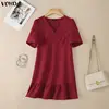 VONDA Summer Mini Dresses Fashion Women Short Sleeve Elegant Office Lady Sundress 2026 Casual Loose Solid V-Neck Korean Vestidos