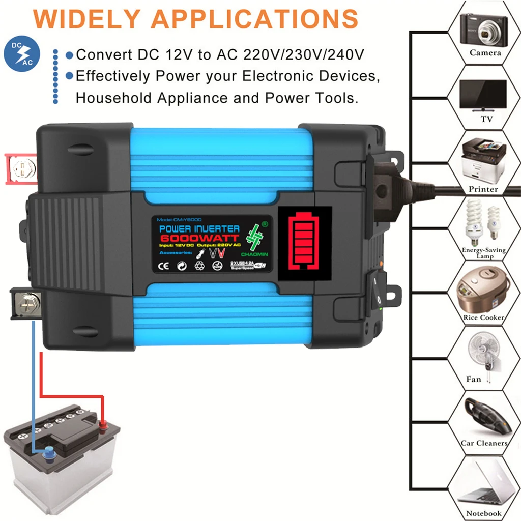 Car Inverter New 4000W/6000W 12V To 110V/220V Solar Inverter Portable Converter LED Display Screen Car Solar System