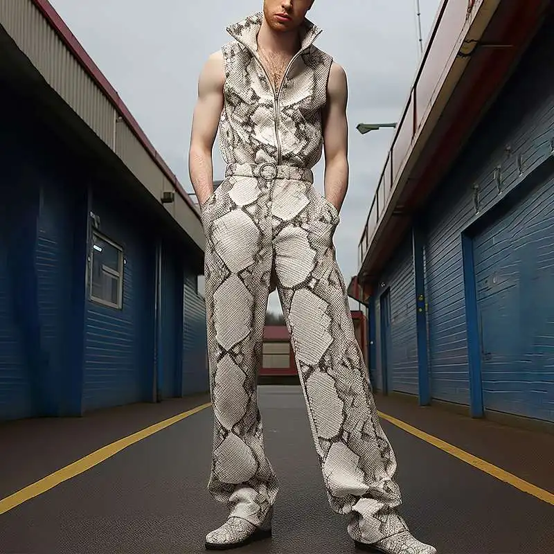 Description Picture 3 of itemINCERUN Men Jumpsuits Printing Lapel Sleeveless Zipper Casual Male Rompers Streetwear 2024 Fashion Men Overalls With Belt S-5XL