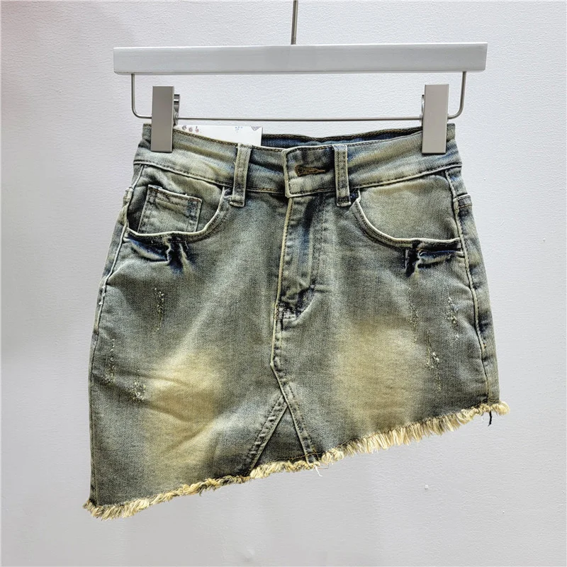 

Asymmetric Denim Skirt For Women High Waist Vintage Pocket Patchwork Mini Skirts 2023 Summer New Tide Hot Clothes X037