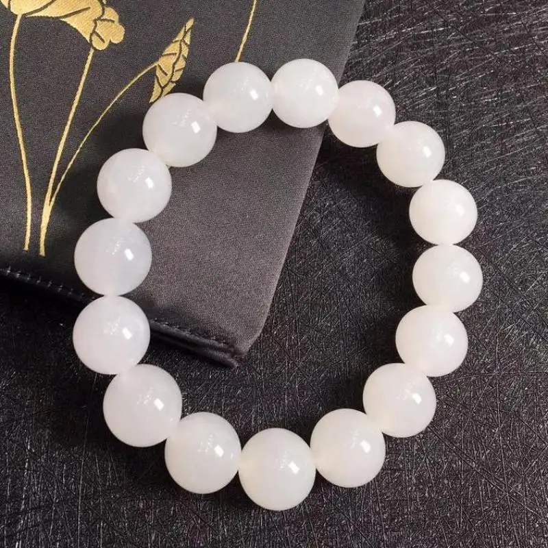 

12mm Natural White Jade Bracelet Men Women Fine Jewelry Genuine Nephrite Hetian Jades Round Bead Elastic Beaded Bracelets Bangle