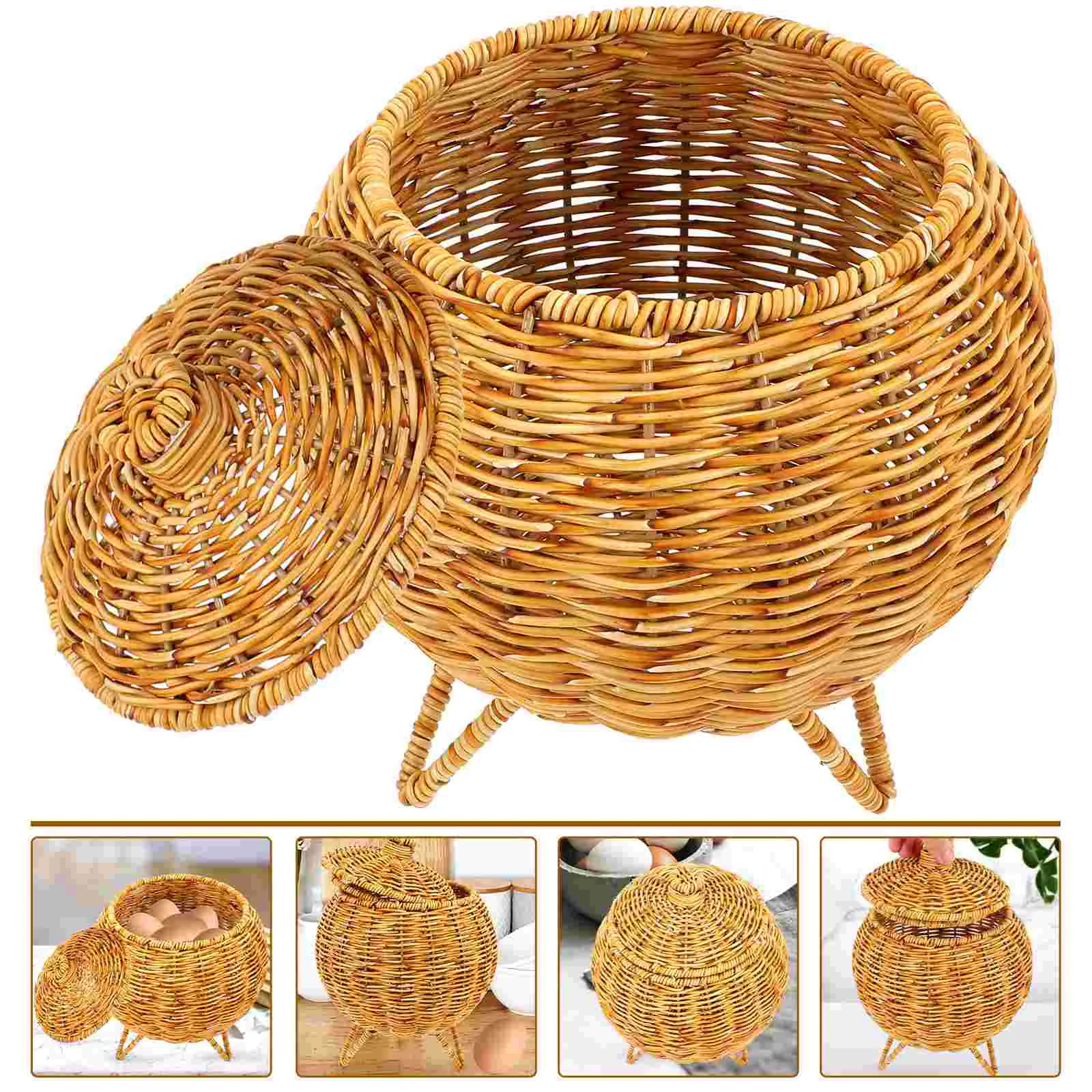 

Woven Storage Basket Pumpkin Shaped Wicker Baskets Lid Egg Gather Basket Fruit Vegetable Snack Holder Vintage Sundries Organizer