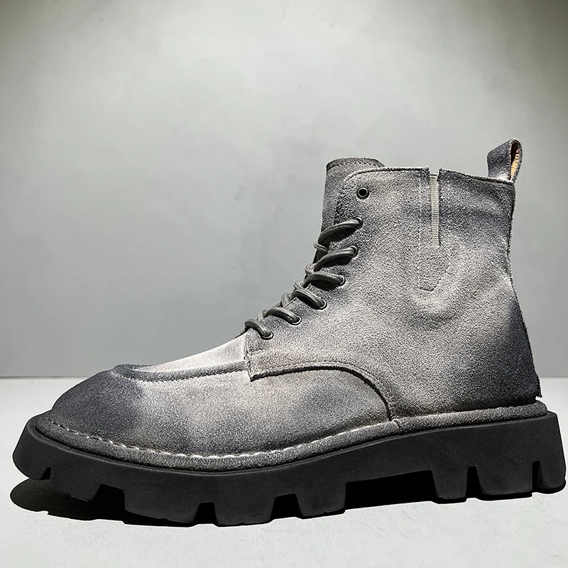 

American Retro Lightweight Thick Sole Cowhide Suede Outdoor Boots Men Autumn Winter British Style Work Boots High Top Boots Man